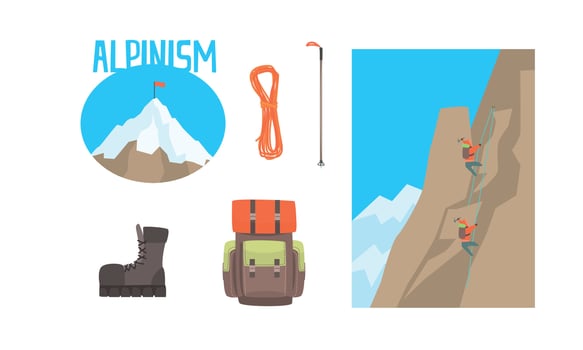 Mountaineering Adventure, Alpinism Set, Mountain Climbers Climbing Rock Cartoon Illustration vector