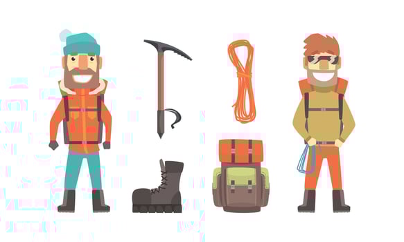 Mountaineering Adventure, Alpinism Set, Mountain Climbers and Equipment for Climbing Cartoon Illustration vector
