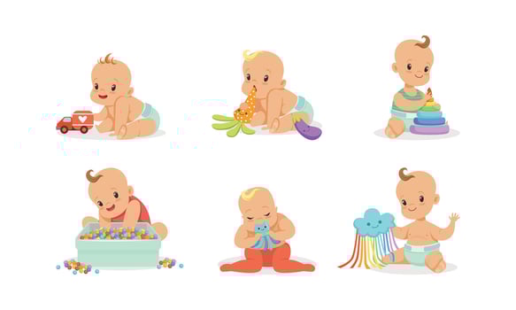 Infant Baby Different Activities Set, Sweet Baby Boys and Girls Playing with Colorful Toys Cartoon Illustration vector