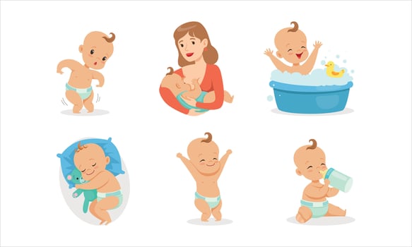 Infant Baby Different Activities Set, Adorable Baby Boys and Girls Playing Toys, Feeding, Bathing and Sleeping Cartoon Illustration vector