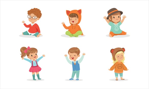 Kids in colorful costumes smiling happily vector