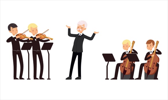 Orchestra conductor with musicians playing vector