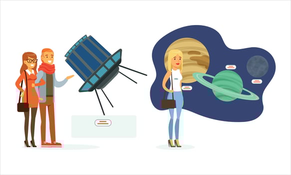 Group exploring space with telescope and planets vector