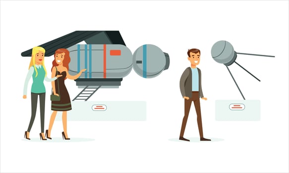Women and man beside spacecraft illustration vector