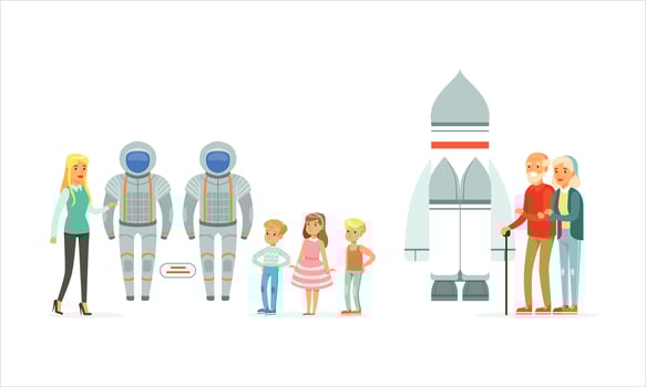 Children meeting astronauts and a rocket vector