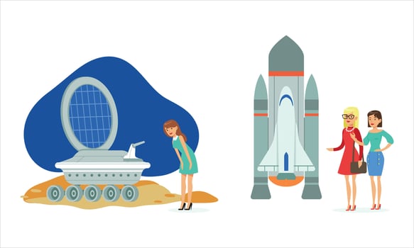 Women discussing rocket with rover illustration vector