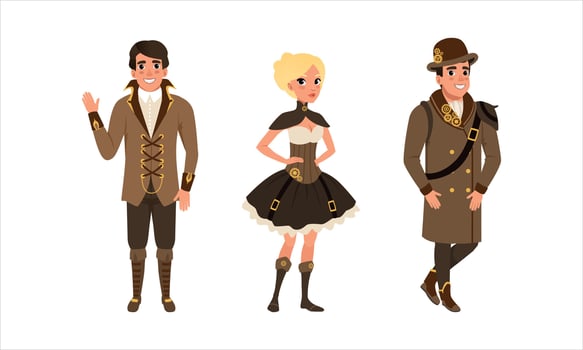 Steampunk People Set,Male and Female Persons Wearing Retro Stylish Steampunk Style Suits and Goggles Cartoon Illustration vector