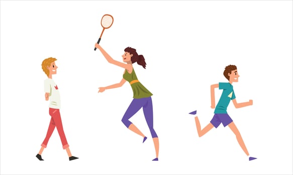 People Outdoor Activities Set, Young Men and Women Playing Badminton, Walking and Jogging Cartoon Illustration vector