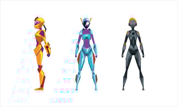 Female Robots Set, Cyborg Characters in Various Poses, Artificial Intelligence Concept Cartoon Illustration vector