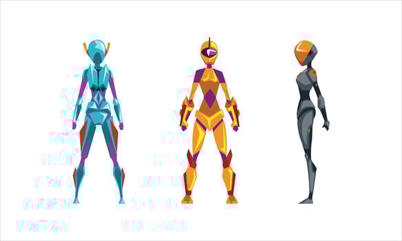 Female Robots Set, Side, Front and Back View of Cyborg Characters in Various Poses, Artificial Intelligence Concept Cartoon Illustration vector