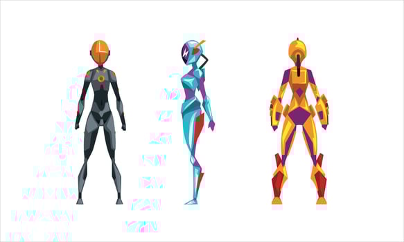 Female Robots in Various Poses Set, Side, Front and Back View of Cyborg Woman, Artificial Intelligence Concept Cartoon Illustration vector