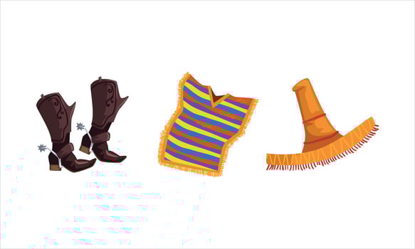 Pair of Cowboy Leather Boots, Mexican Poncho, Sombrero Hat Cartoon Illustration Isolated on White Background vector