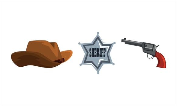 Wild West Symbols Set, Brown Cowboy Hat, Sheriff Star Badge, Vintage Revolver Gun Cartoon Illustration vector