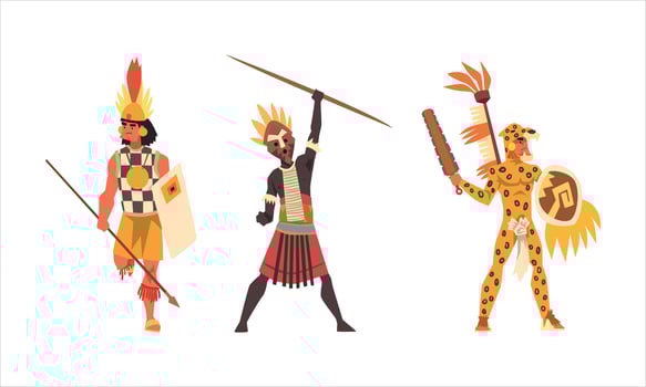 Set of Aboriginal or Indigenous Warriors, Men of Africa Dressed in Ethnic Clothes with Weapon, Representatives of African Tribes Cartoon Illustration vector