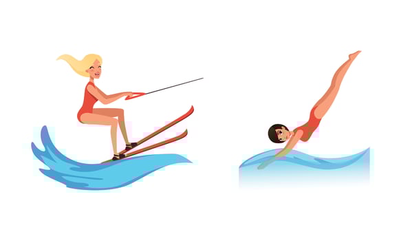 Water Sports Set, Young Women Riding Waterski, Diving into the Water Cartoon Illustration vector