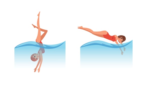 Water Sports Set, Woman in Red Swimsuit Jumping into the Water and Swimming Cartoon Illustration vector