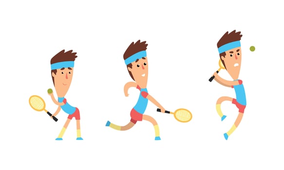 Male Tennis Player Character Set, Athlete in Sports Uniform Playing Tennis Cartoon Illustration vector