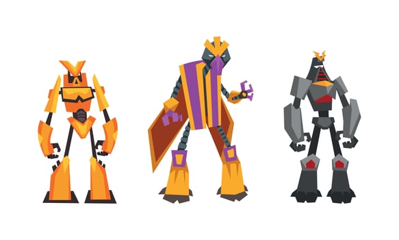 Robot Transformers Set, Powerful Robots, Fantasy Cyborg Soldier or Superheroes Cartoon Illustration vector