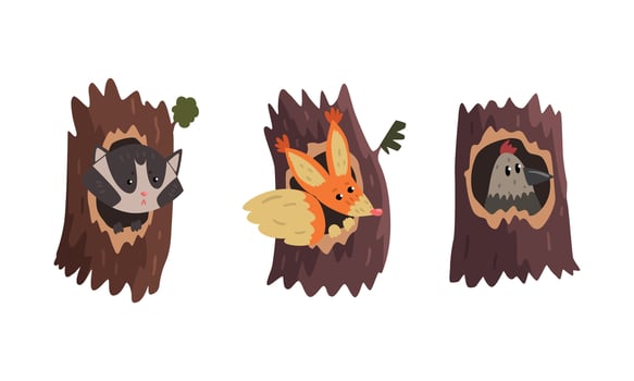 Cute Animals and Birds Living in Tree Hollows Set, Raccoon, Squirrel, Bird Peeking Out of Hollow Cartoon Illustration vector