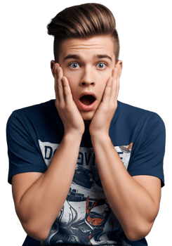 Shocked Expression of Male Teenager in Blue Shirt with Hands on Cheek png