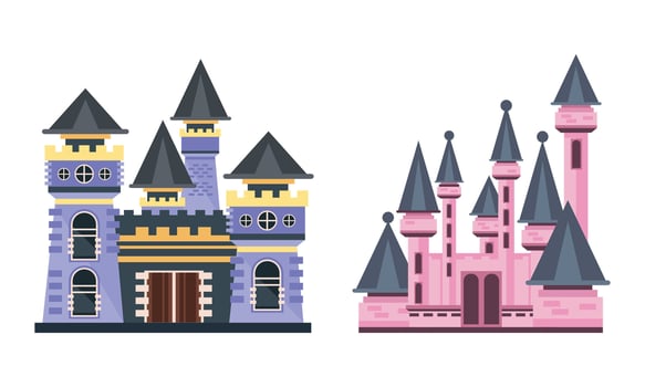 Fairytale Princess Castle Towers Set, Colorful Medieval Mansion Facades Cartoon Illustration vector