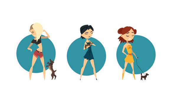 Set of Beautiful Stylish Girls Wearing Fashionable Clothes Walking with their Pet Dogs Illustration vector