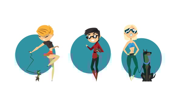 Stylish Girls Wearing Fashion Clothes Walking with their Dogs Set Illustration vector