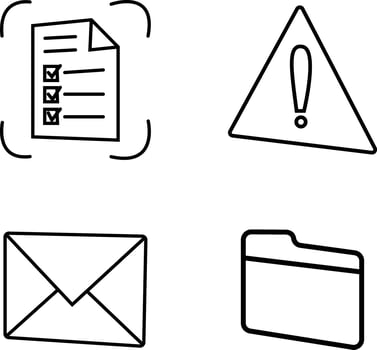 A collection of four hand-drawn doodle icons, each representing a common digital or organizational concept. vector