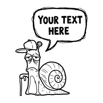 Old Sad Snail with Cane Cap and Speech Bubble Hand Drawn Cartoon vector