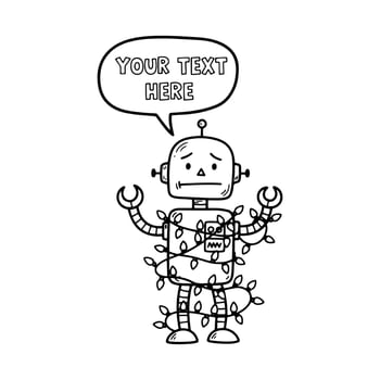 Sad Cartoon Robot Character Tangled in Christmas Lights vector