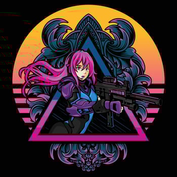 Futuristic warrior with pink hair and rifle vector