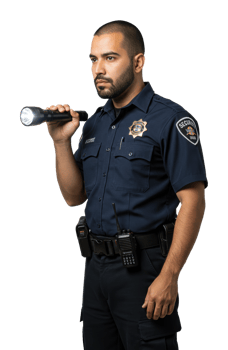 Security officer on duty with flashlight in urban environment professional setting serious action. png
