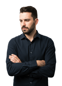 Pensive man in black shirt studio portrait contemplation. png