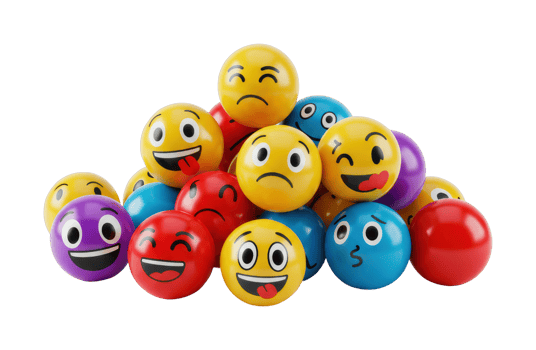 Colorful emoji balls playroom toy collection fun environment joyful expressions. png