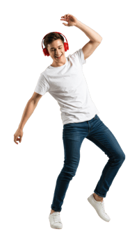 Young man dancing joyfully indoor setting lifestyle content vibrant atmosphere energetic viewpoint. png