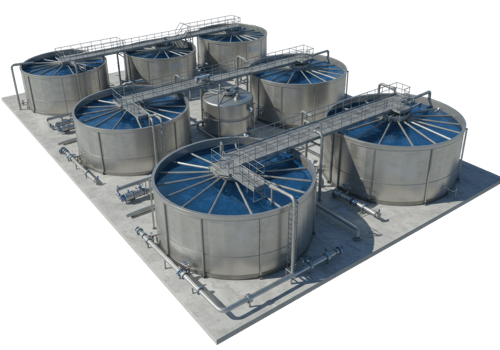 Water treatment process in industrial facility tanks 3d model technology environment aerial sustainability concept. png