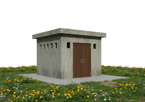 Constructing a modern concrete structure in a meadow architectural showcase natural setting front. png