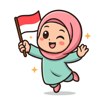 Winking cartoon girl wearing a hijab holds an indonesian flag. png