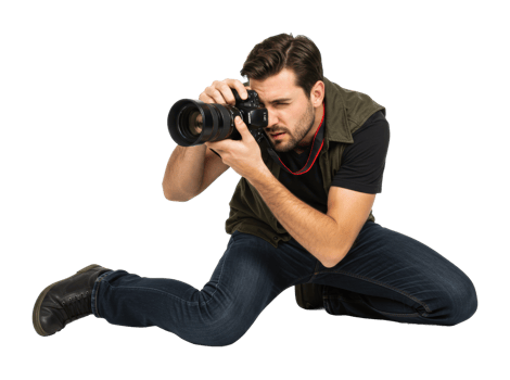 Photographer capturing action shots studio isolated low angle creative expression. png