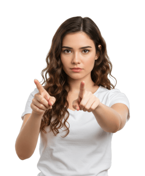 Determined young woman pointing gesture studio setting portrait neutral empowerment concept. png