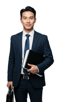 Professional businessman holding briefcase and documents office environment portrait style confident expression. png
