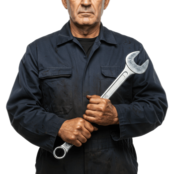 Repair action by mechanic holding wrench in workshop setting industrial environment. png