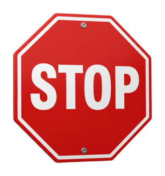 A red stop sign with white letters. png