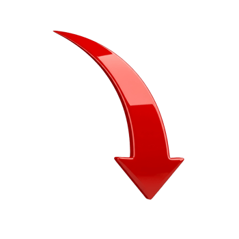 Red arrow curving downward isolated on transparent background, indicating decline png