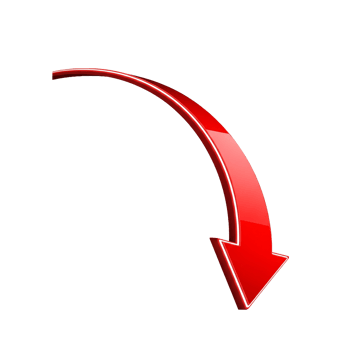 Curved red arrow pointing downwards isolated on transparent background png