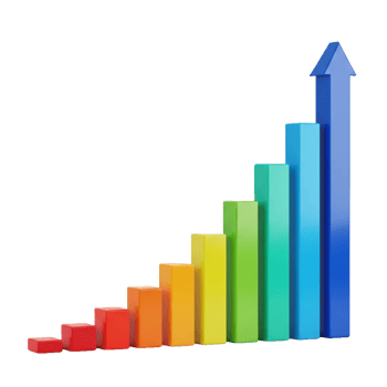 A colorful bar graph with an upward trending arrow isolated on transparent background png