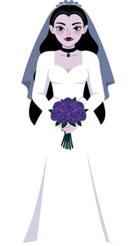 Gothic bride in white wedding dress holding purple rose bouquet illustration vector