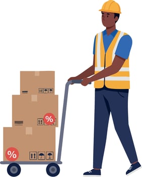 Construction worker pushing hand truck with stacked cardboard boxes in safety vest and helmet vector