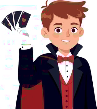 Young magician performing card trick in black cape and red vest illustration vector