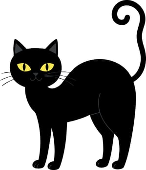 Black cat with yellow eyes standing with curved tail illustration vector